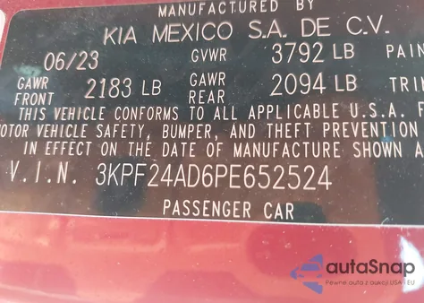2023 Kia Forte Lxs from USA, damaged, VIN 3KPF24AD6PE652524